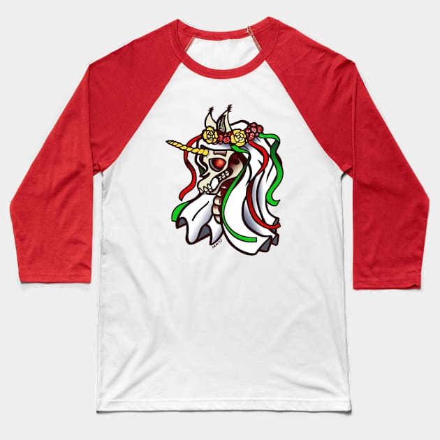 Mari Lwyd Unicorn Baseball T-Shirt by Jan Grackle